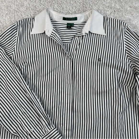 Lauren Ralph Lauren Black White Striped Button Up Shirt with Monogram. 1X - Picture 10 of 14